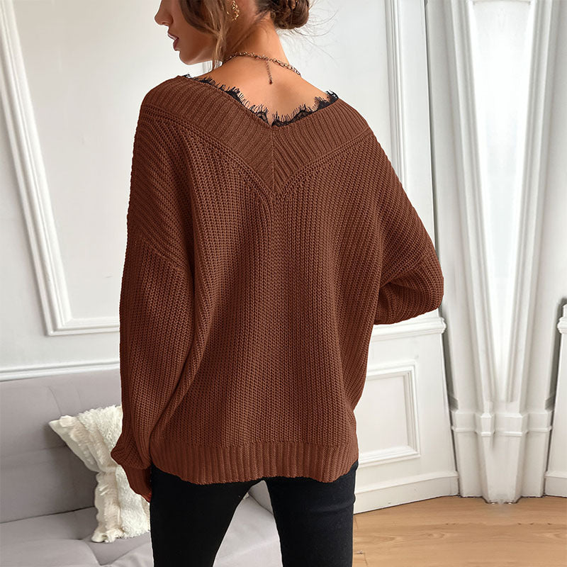 Women Oversize V-Neck Structured Knit Sweater with Dropped Shoulder and Loose Silhouette Chichicherry