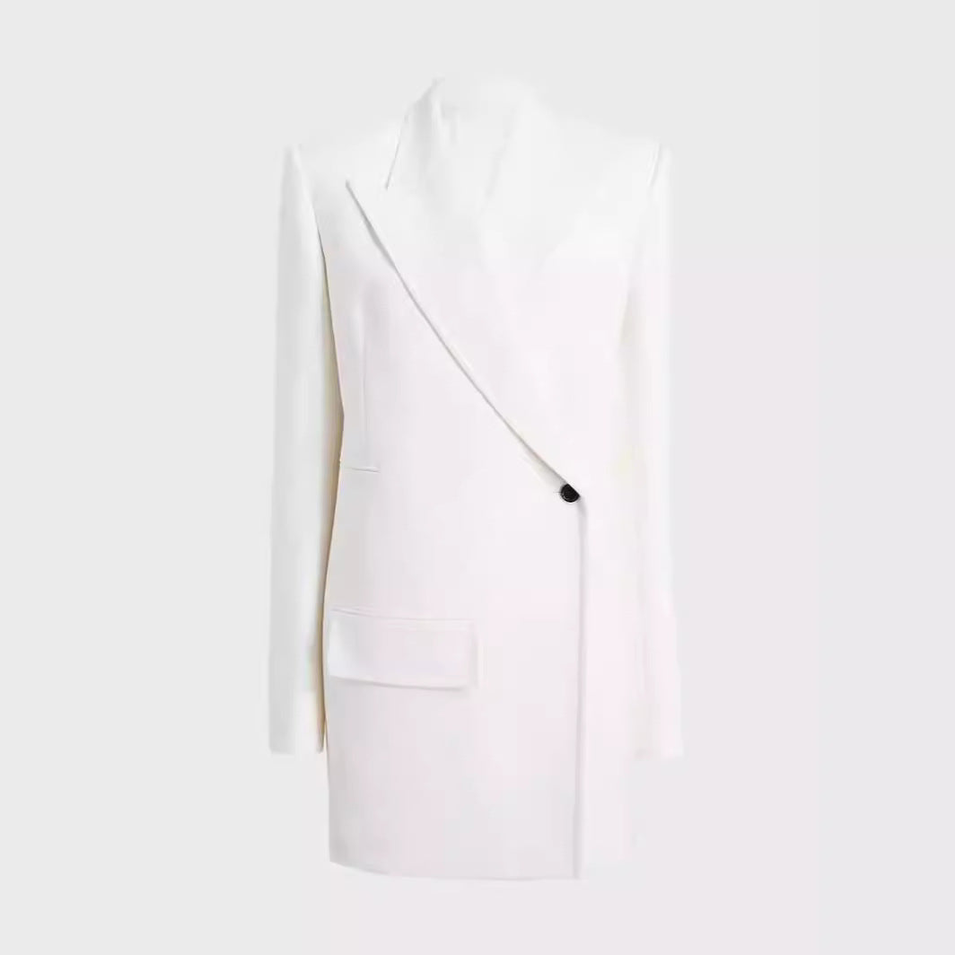 Women Minimalist Long Blazer with Asymmetric Single-Button Front and Clean Longline Cut Chichicherry