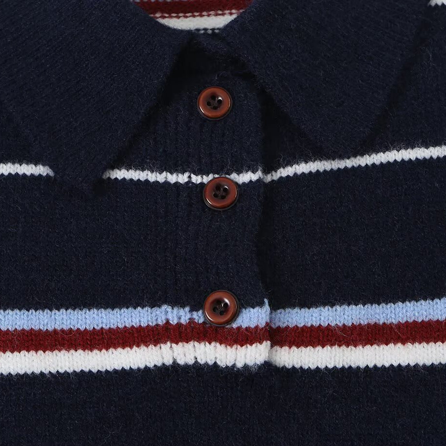 Women's Striped Knit Polo Sweater with Short Button Placket and Ribbed Cuffs Chichicherry