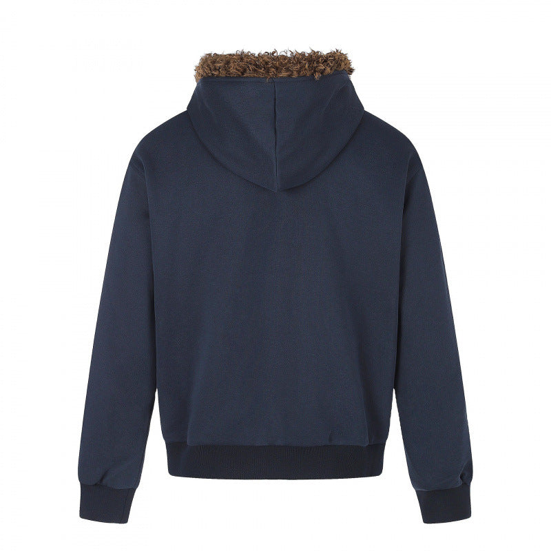 Men's hoodie jacket with vintage flag print, faux fur hood and two-way zipper Chichicherry