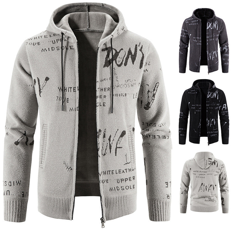Men's knitted hooded jacket with full-length zipper, graphic all-over print, and side pockets Chichicherry