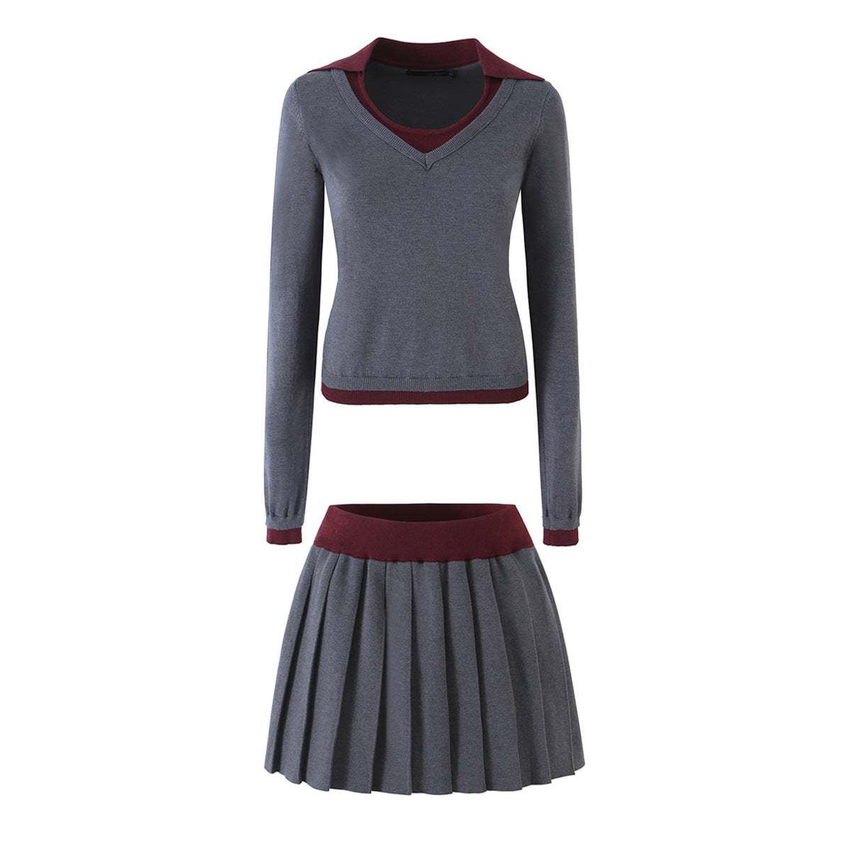 Women’s Two-Piece Fine Knit Set with V-Neck, Contrasting Collar and Pleated Mini Skirt Chichicherry