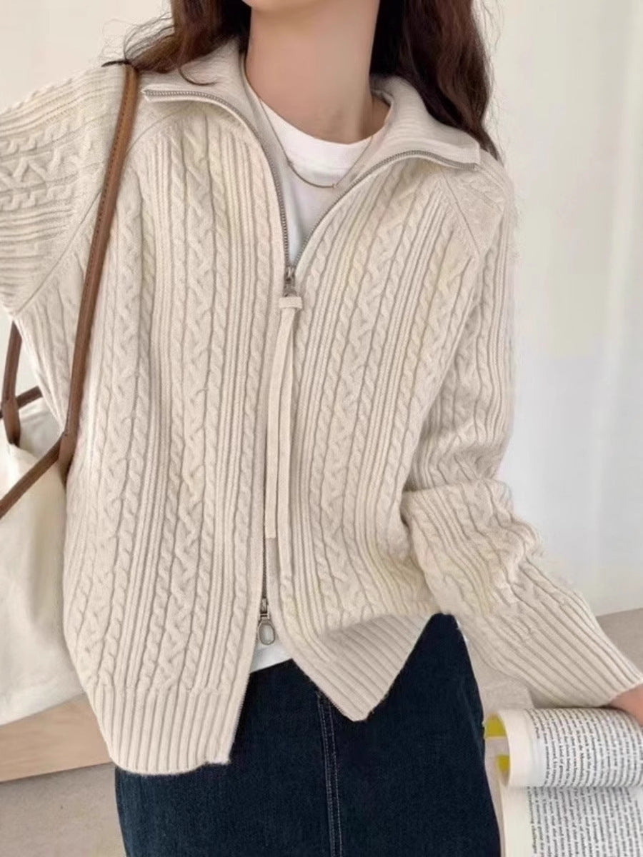Women's Kastiger Cable Knit Cardigan with Two-Way Zipper, Stand-Up Collar and Wide Ribbed Hem Chichicherry