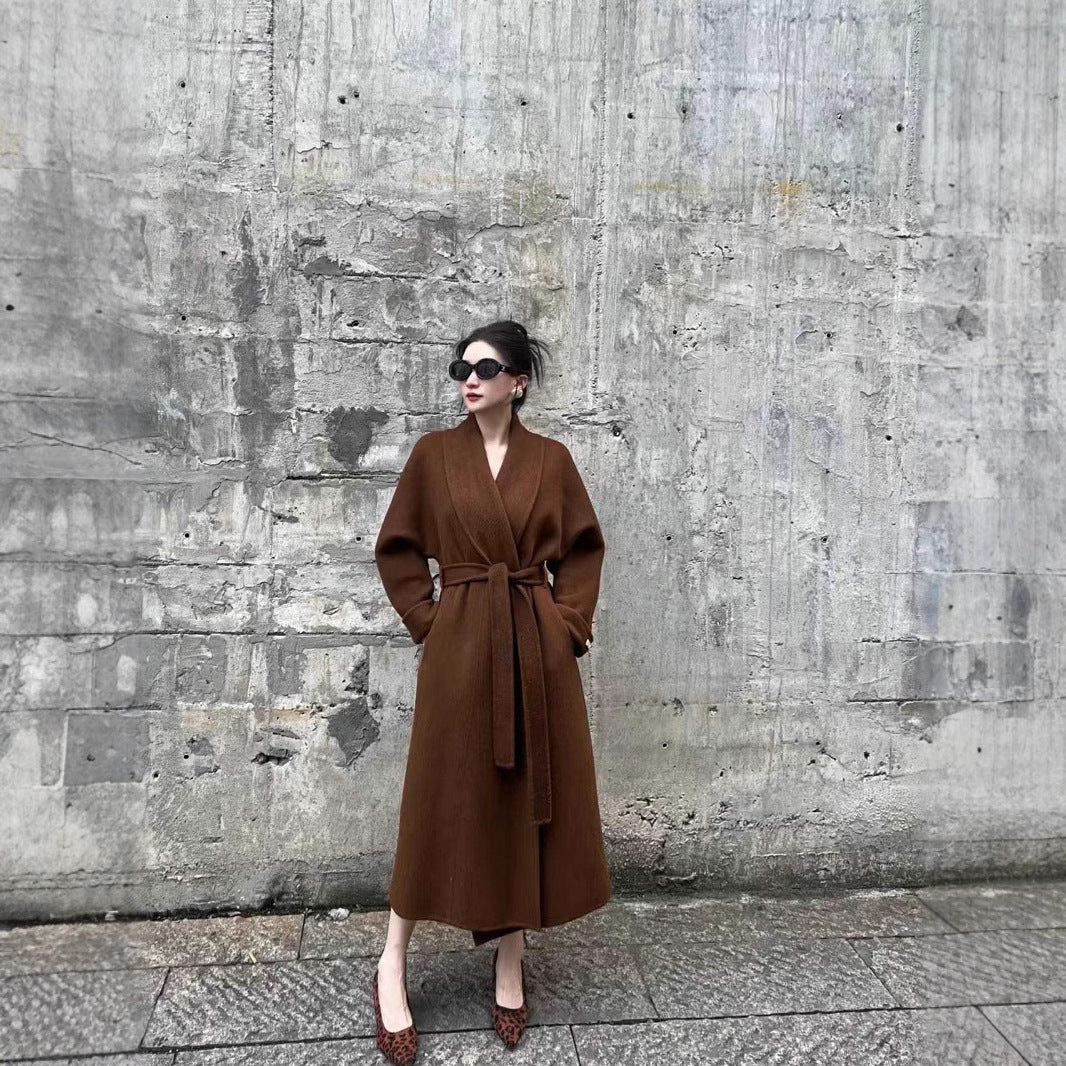 Ladies Mid-length Wrap Coat with Tied Belt and Shawl Collar Chichicherry
