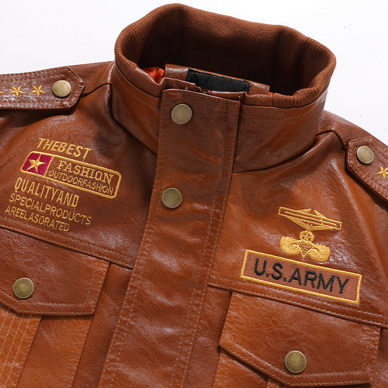 Men's insulated faux leather bomber jacket in military look with appliqués and ribbed finishes Chichicherry