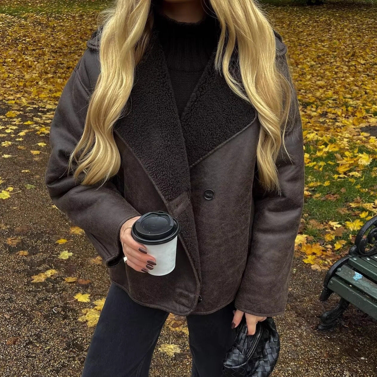 Women's Boxy Short Jacket made of Faux Suede with Teddy Collar and Concealed Button Placket Chichicherry