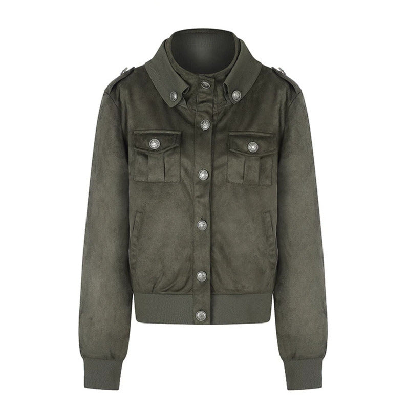 Women's Short Cut Velvet Velours Bomber Jacket with Decorative Buttons and Epaulets Chichicherry