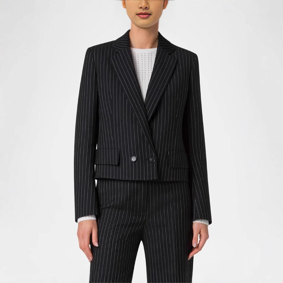 Women's Two-Piece Pinstripe Suit with Tailored Short Blazer and Wide Palazzo Pants Chichicherry