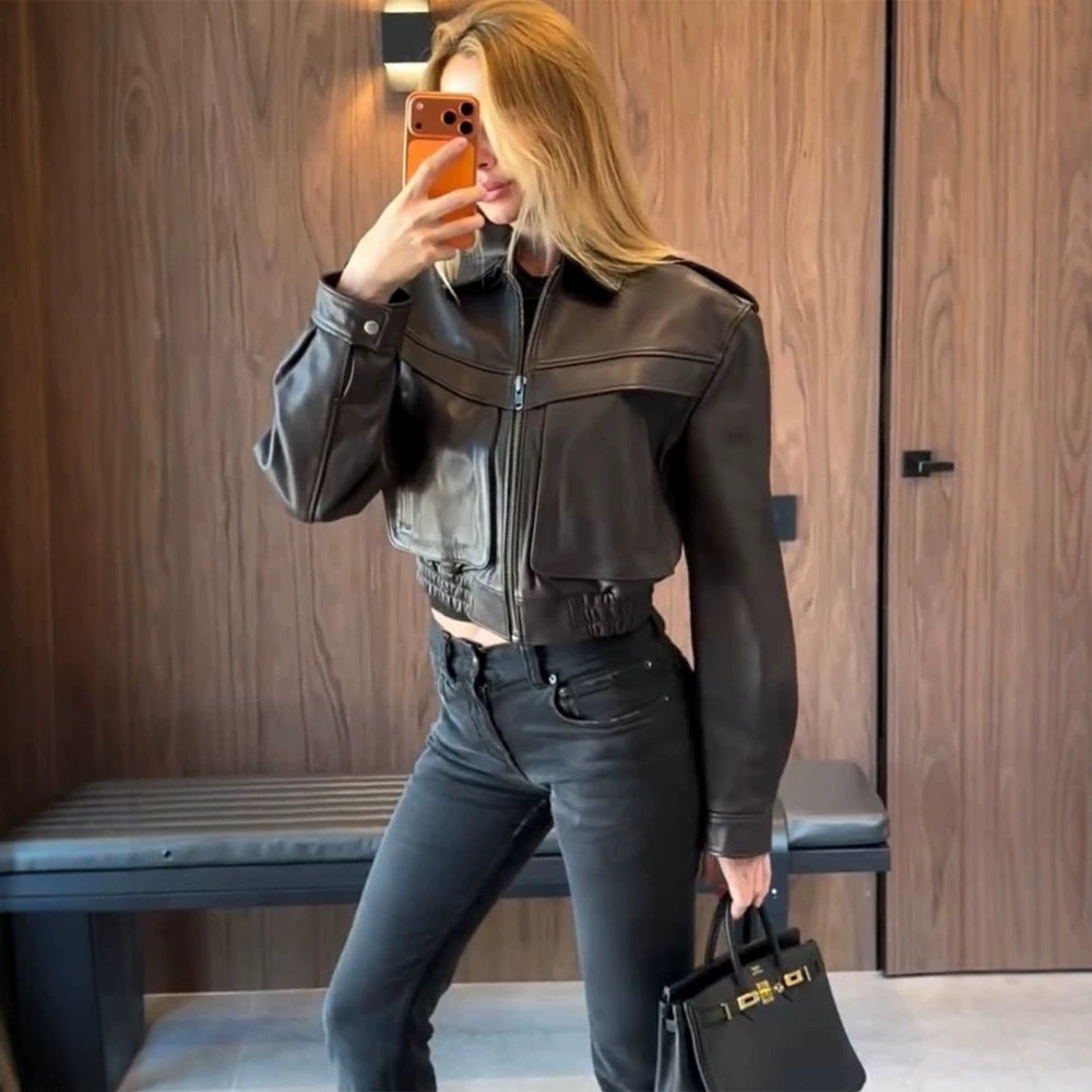 Women's short-cut leather jacket with elastic hem and patch chest pockets Chichicherry