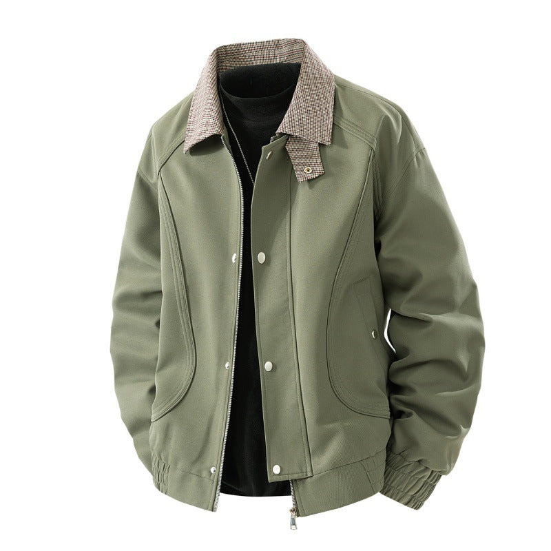 Men's Light Canvas Blouson with Check Collar, Zipper and Snap Button Placket Chichicherry