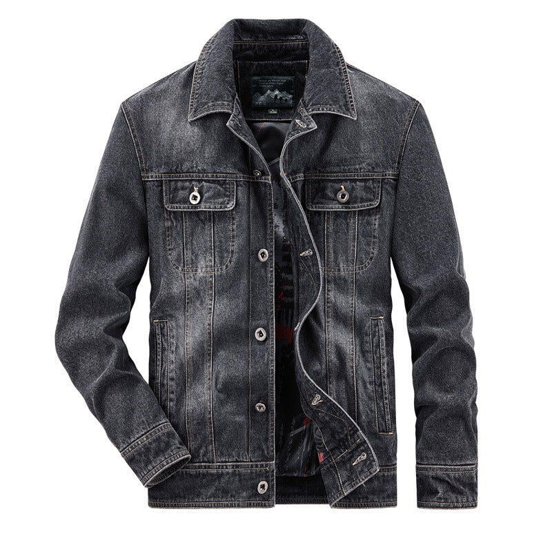 Men's washed denim work jacket with printed lining and chest flap pockets Chichicherry