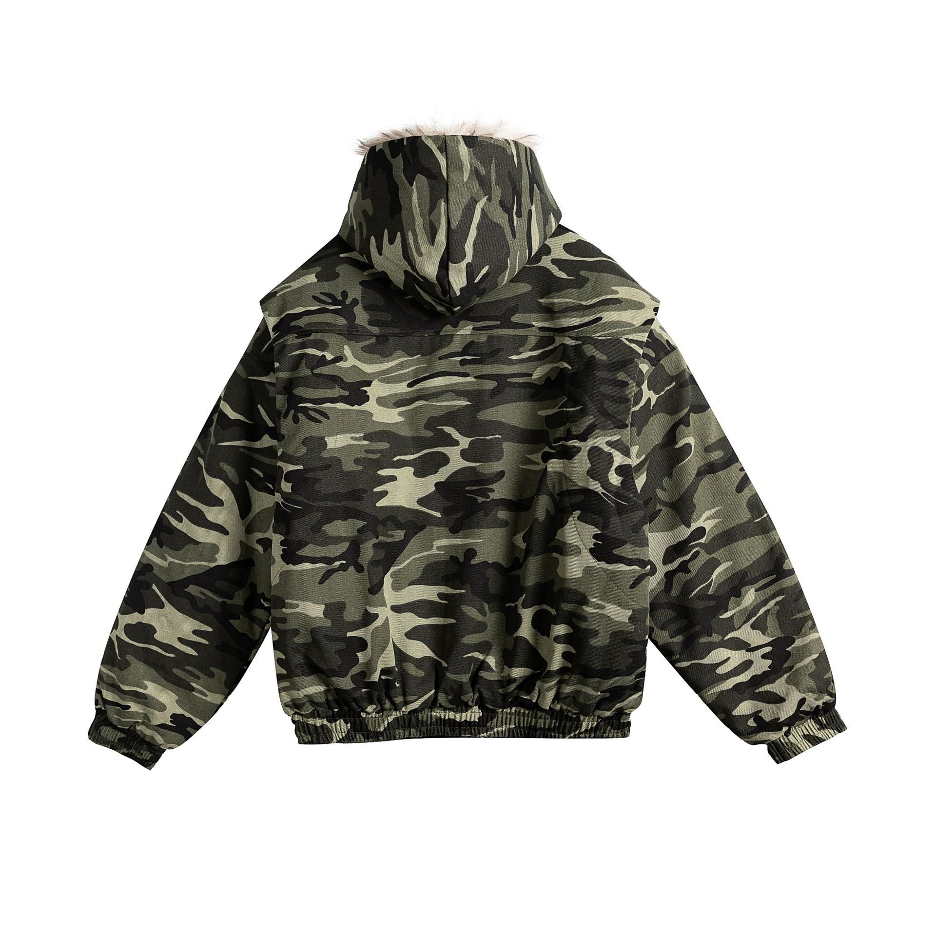 Women Short Cut Camouflage Transition Jacket with Faux Fur Hood and Elastic Hem Chichicherry