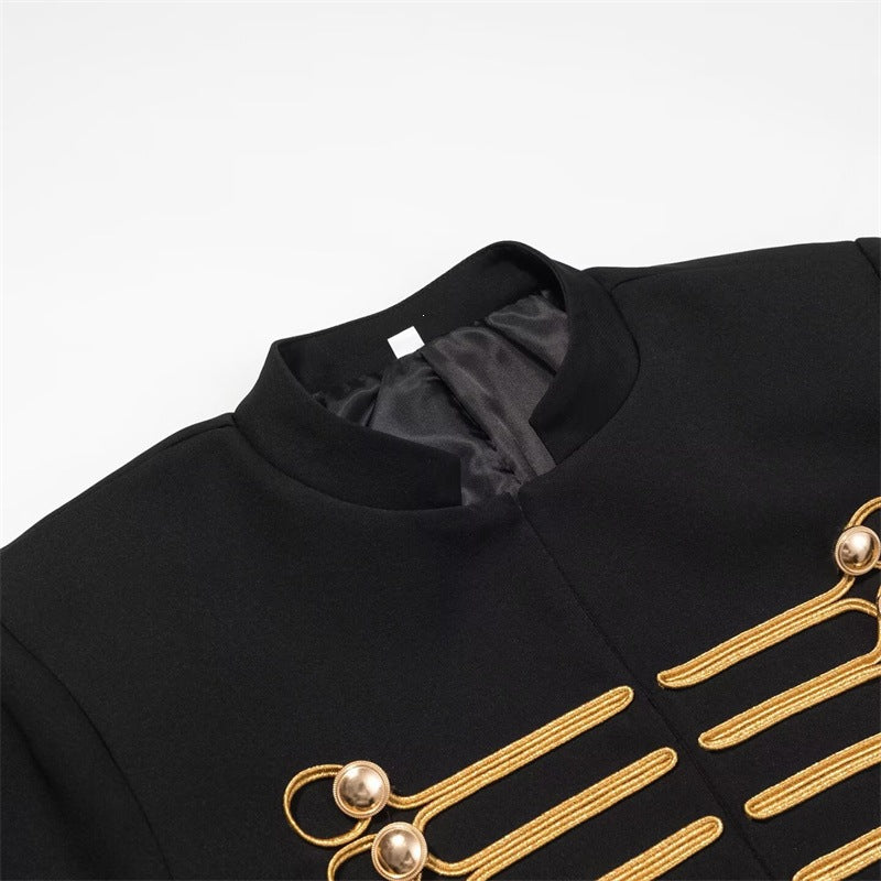 Women Military-Inspired Short Jacket with Stand-Up Collar and Golden Decorative Braid Chichicherry