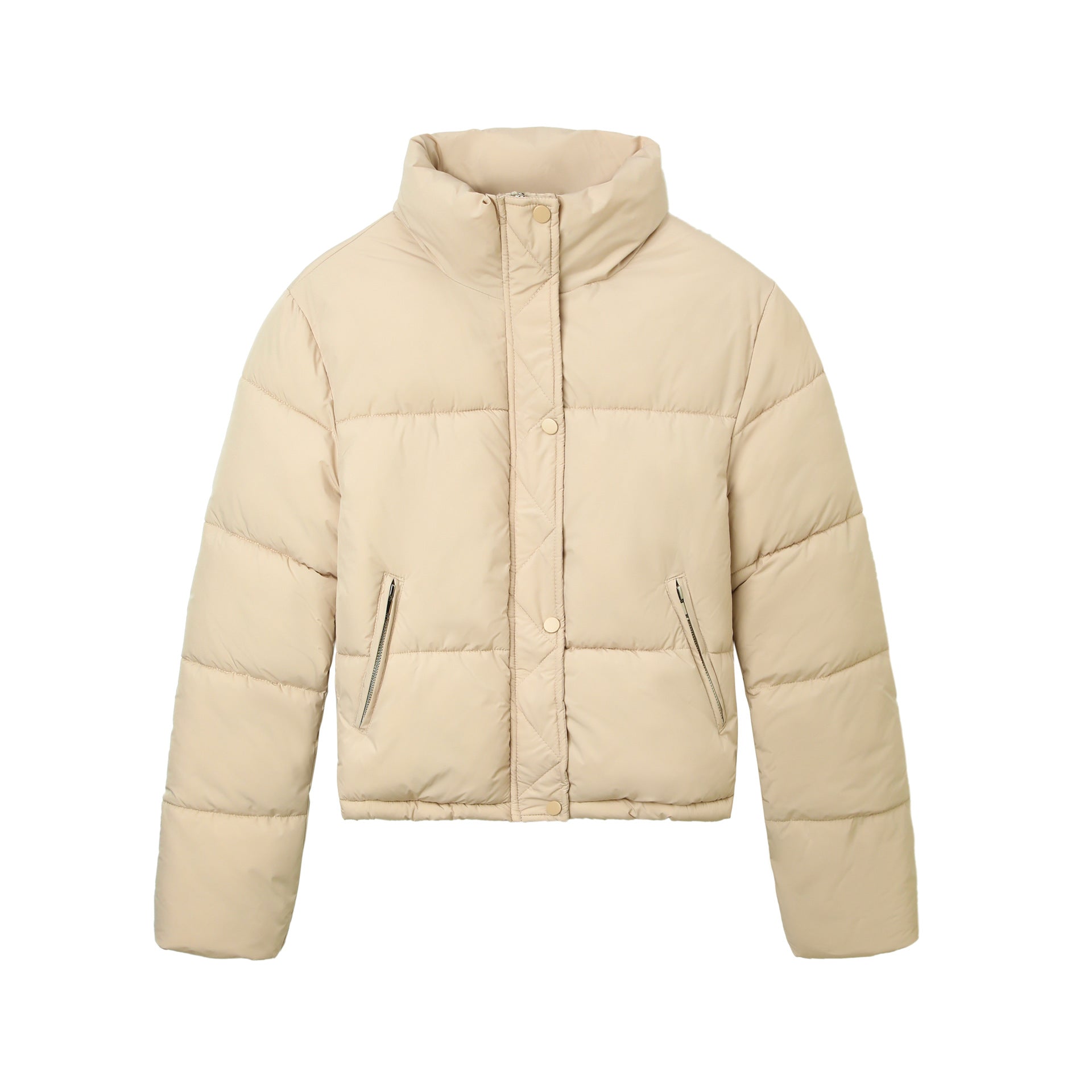 Women's Boxy Puffer Jacket with High Stand-Up Collar and Concealed Snap Button Placket Chichicherry