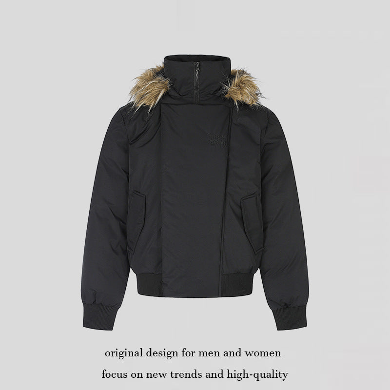 Women's padded short bomber jacket with removable faux fur hood, high stand-up collar, and ribbed cuffs Chichicherry