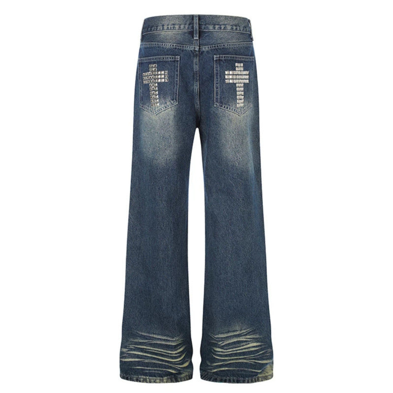 Women Wide High-Waist Distressed Jeans in Palazzo Style with Studded Detailing Chichicherry