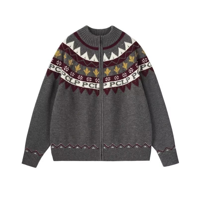 Damen Lässige Strick-Zipjacke mit Jacquard-Yoke und Rippbündchen Chichicherry