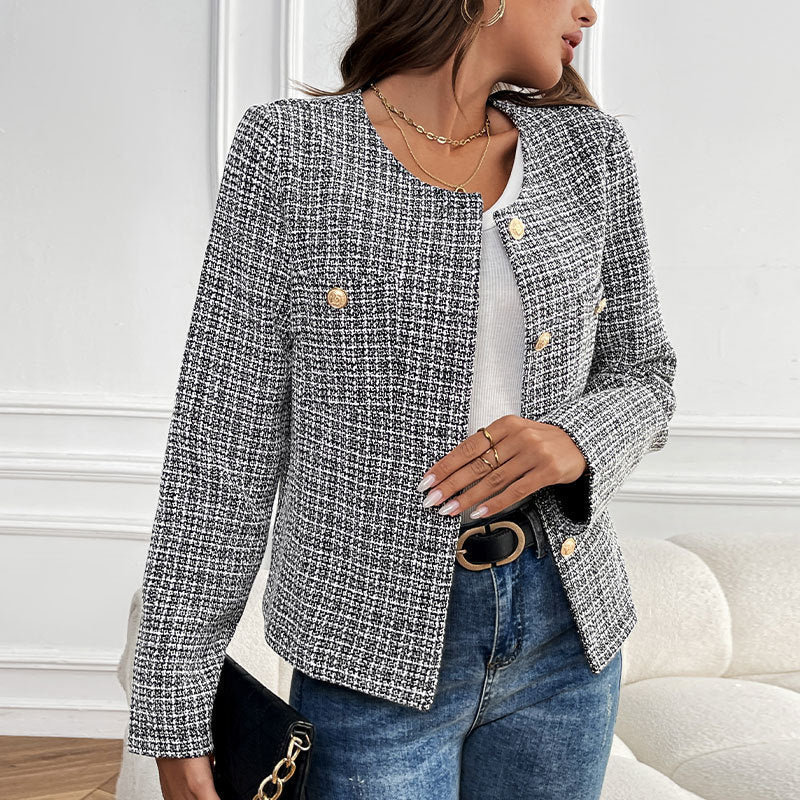 Women's short blazer in bouclé tweed with round neckline & golden decorative buttons Chichicherry