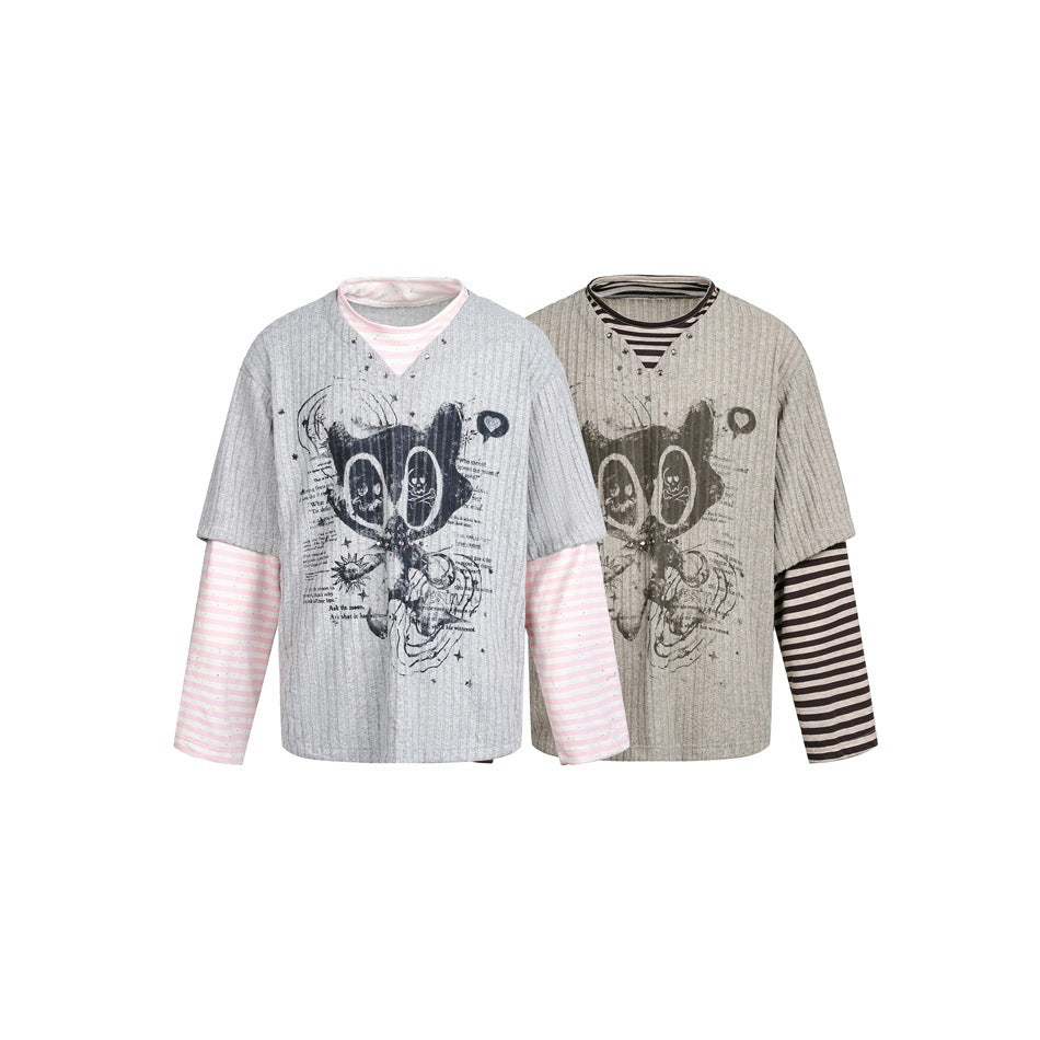 Women's Layered Look Long Sleeve with Striped Sleeves and Graphic Statement Print Chichicherry