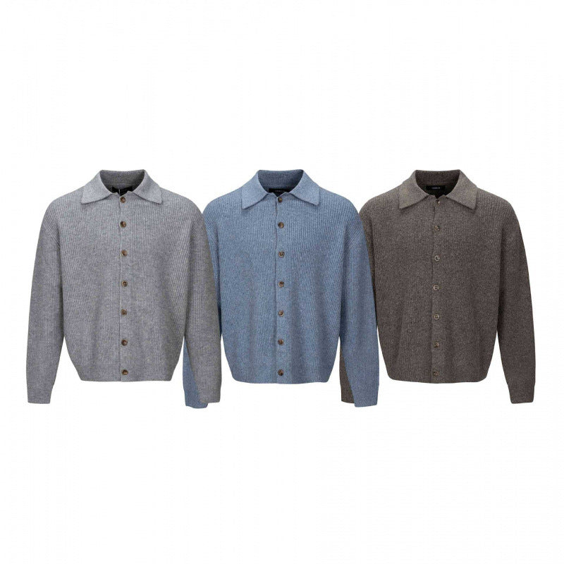 Men's chunky knit cardigan with shirt collar and continuous button placket Chichicherry