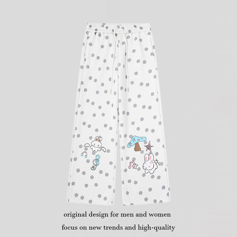 Women Wide Lounge Pants with Comfort Waistband, Polka Dot Allover and Playful Cartoon Print Chichicherry