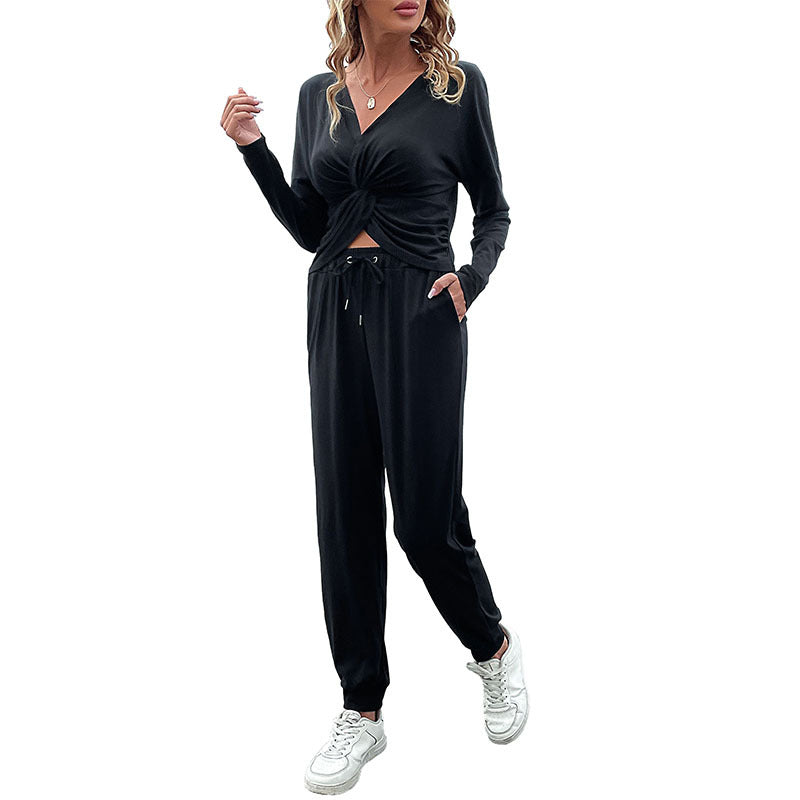 Women's Casual Jersey Two-Piece Set with Twist Top and High-Waist Jogger Chichicherry