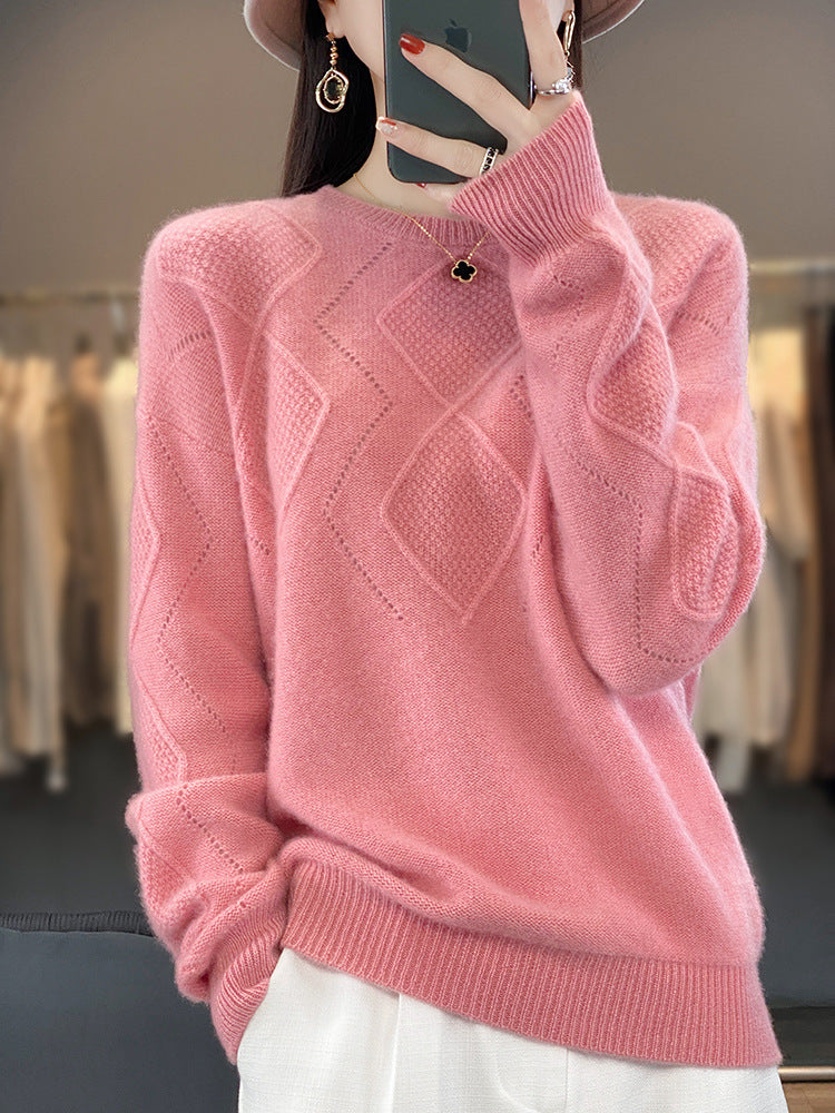 Women's Soft Diamond Pattern Sweater in Mohair Look with Fine Openwork Structure and Round Neckline Chichicherry