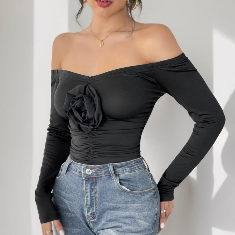 Women's Off-Shoulder Long Sleeve with Rose Appliqué and Tailored Gathering Chichicherry