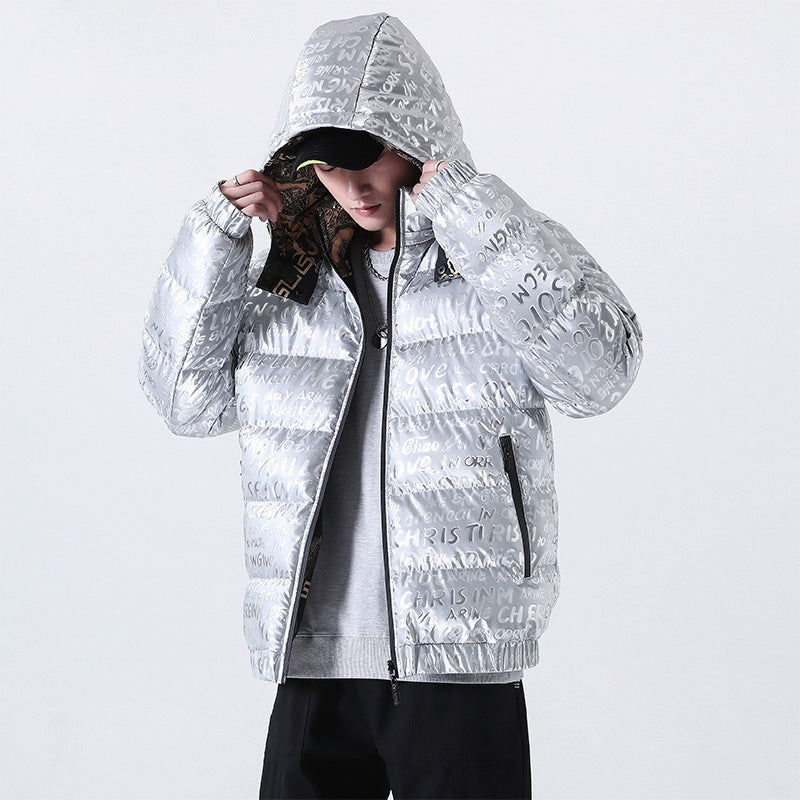 Men's Reflective Quilted Down-Look Jacket with Hood and Allover Print Chichicherry