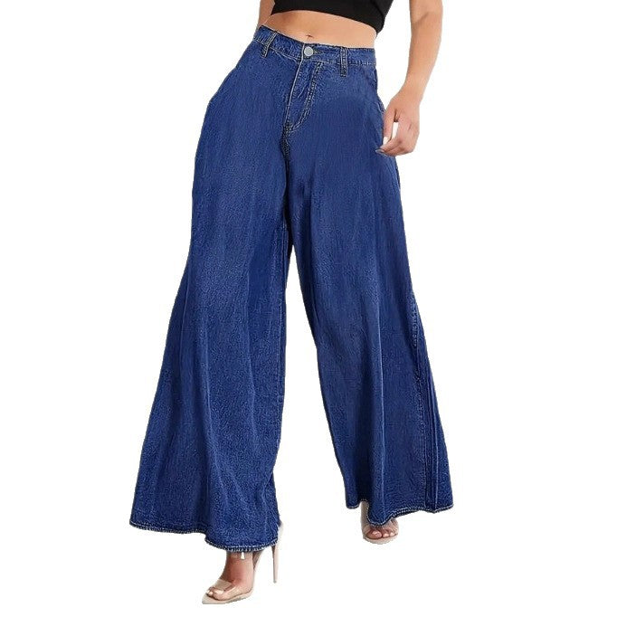 Women Extra Wide High-Waist Denim Palazzo Pants with Flowing A-Line Fall Chichicherry