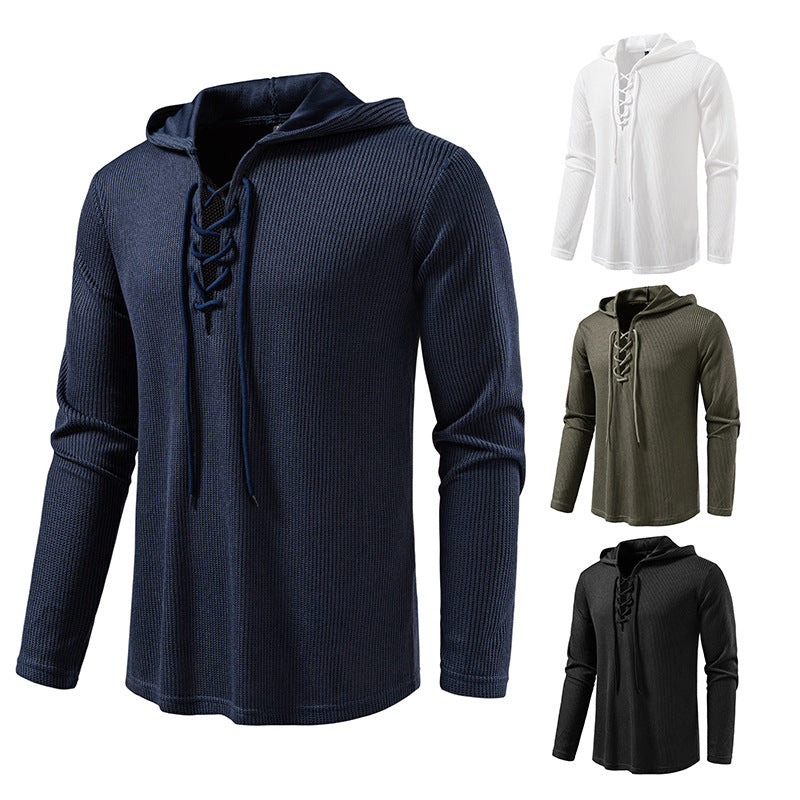 Men's waffle knit hoodie with lace-up collar and straight hem Chichicherry