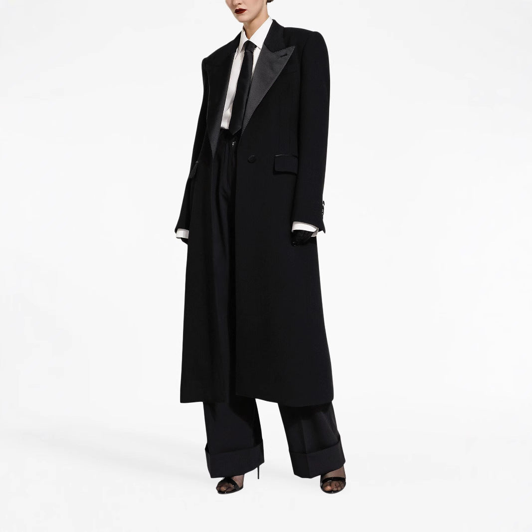 Women Elegant Tuxedo Pantsuit with Long Coat and Wide Pleated Trousers Chichicherry