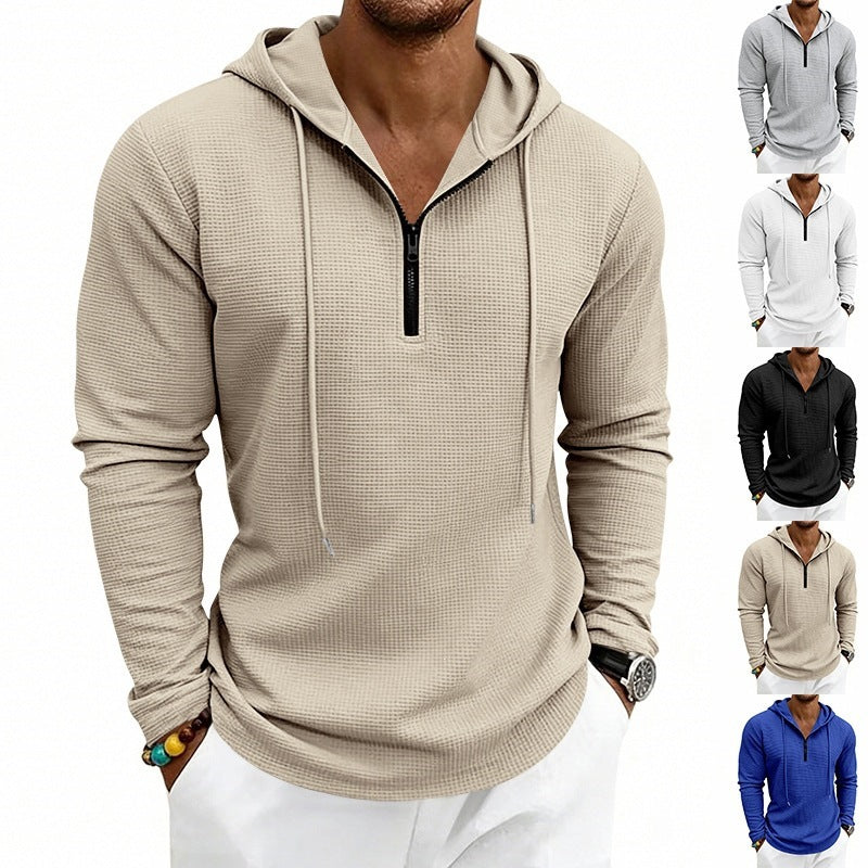 Men's Casual Waffle Fabric Hoodie with Half Zipper and Hood Chichicherry