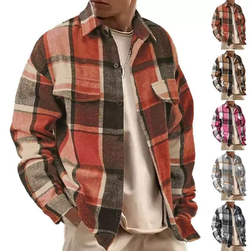 Men's Checked Flannel Shirt Jacket with Chest Pockets and Button Placket Chichicherry