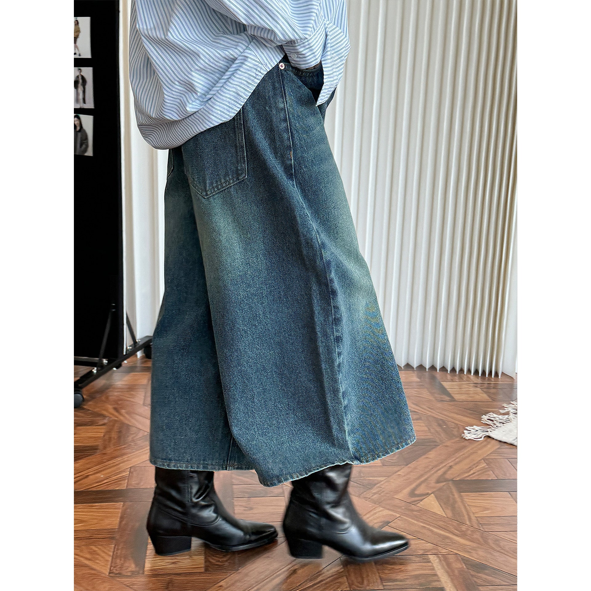 Ladies Wide High-Waist Denim Culotte in Cropped Baggy Style Chichicherry
