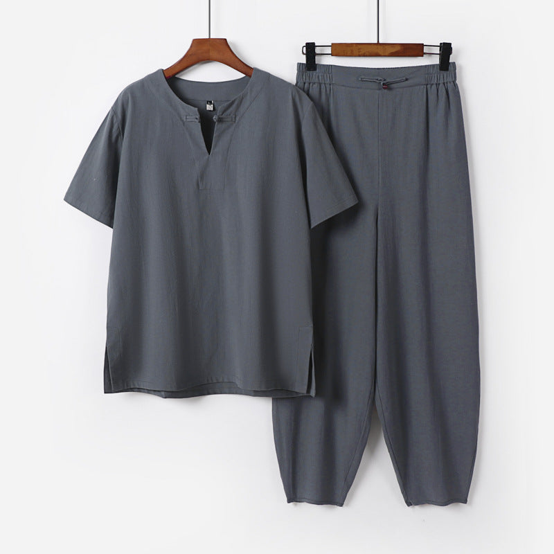 Men's Two-Piece Set with Short Sleeve Stand Collar Shirt and Elastic Harem Pants Chichicherry