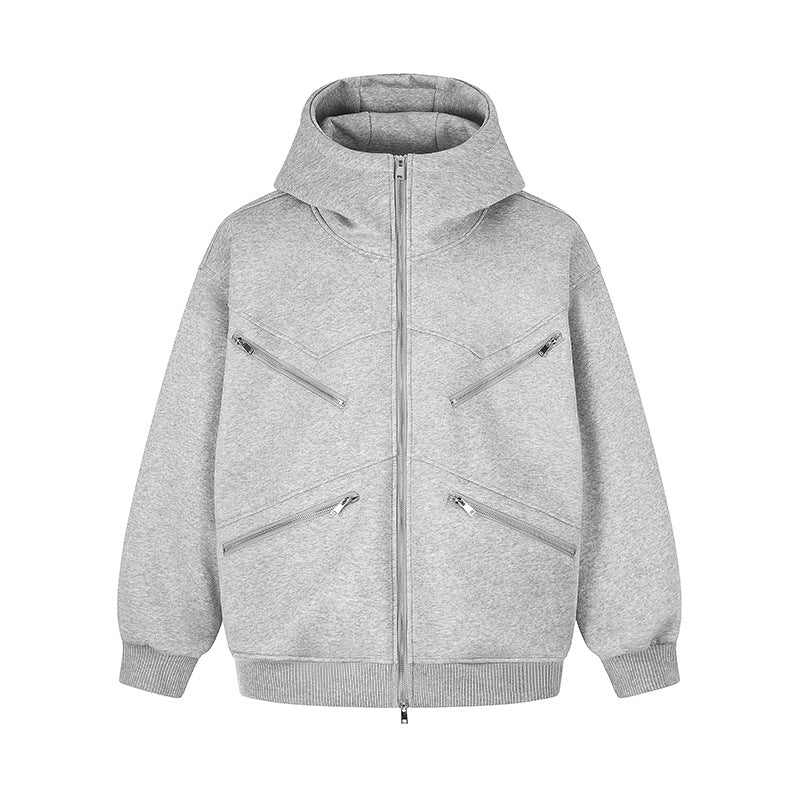 Women's Oversized Hooded Sweat Jacket with High Stand-Up Collar, Four Diagonal Zipper Pockets Chichicherry