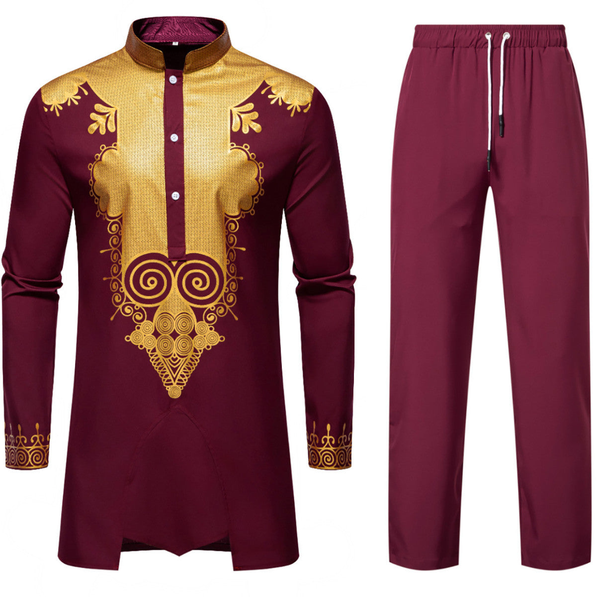 Men's Traditional Tunic Set with Mandarin Collar and Gold-Embellished Ornaments Chichicherry