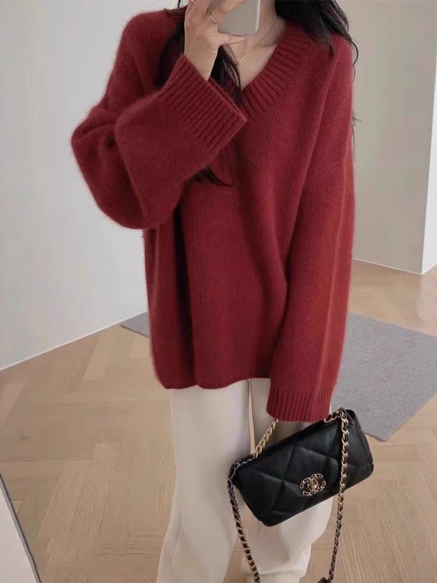 Women Oversized V-Neck Sweater in Mohair Look Chichicherry