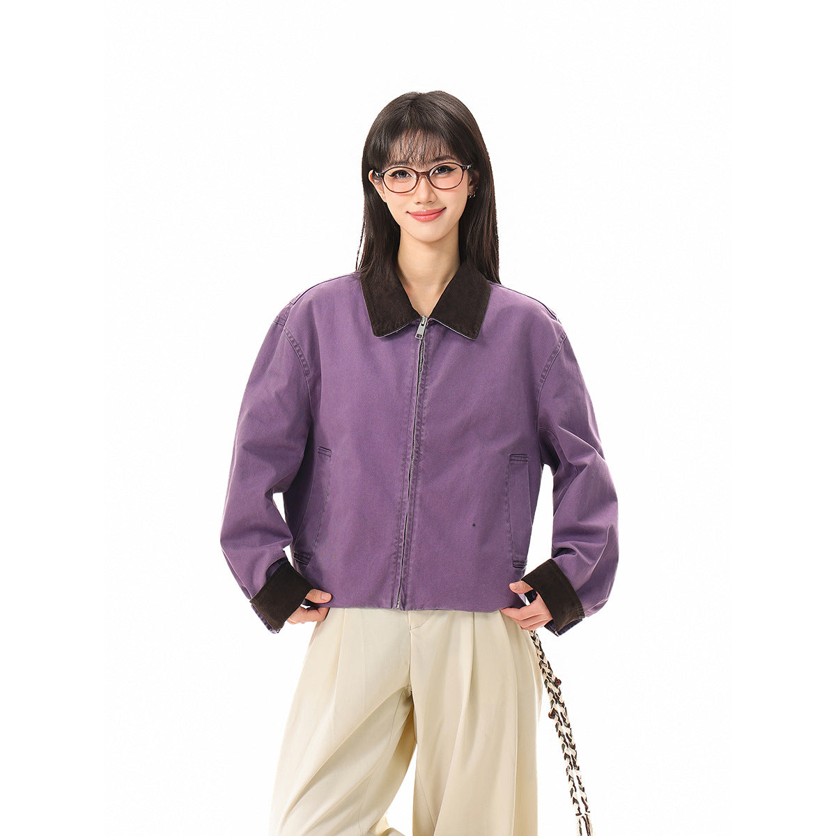 Women's short cut bomber jacket with cord collar and turned-up cuffs Chichicherry
