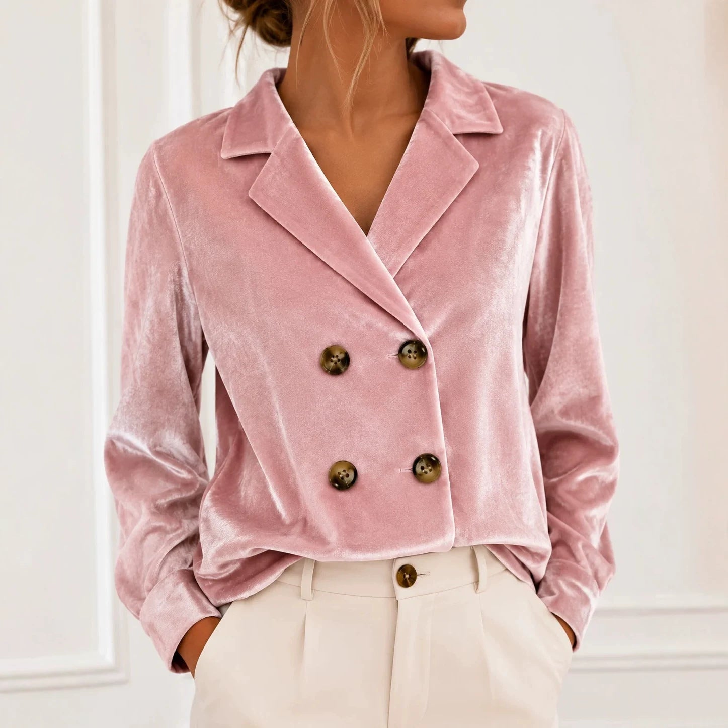 Women's Short-Cut Double-Breasted Velvet Blazer with Soft Buttons Chichicherry