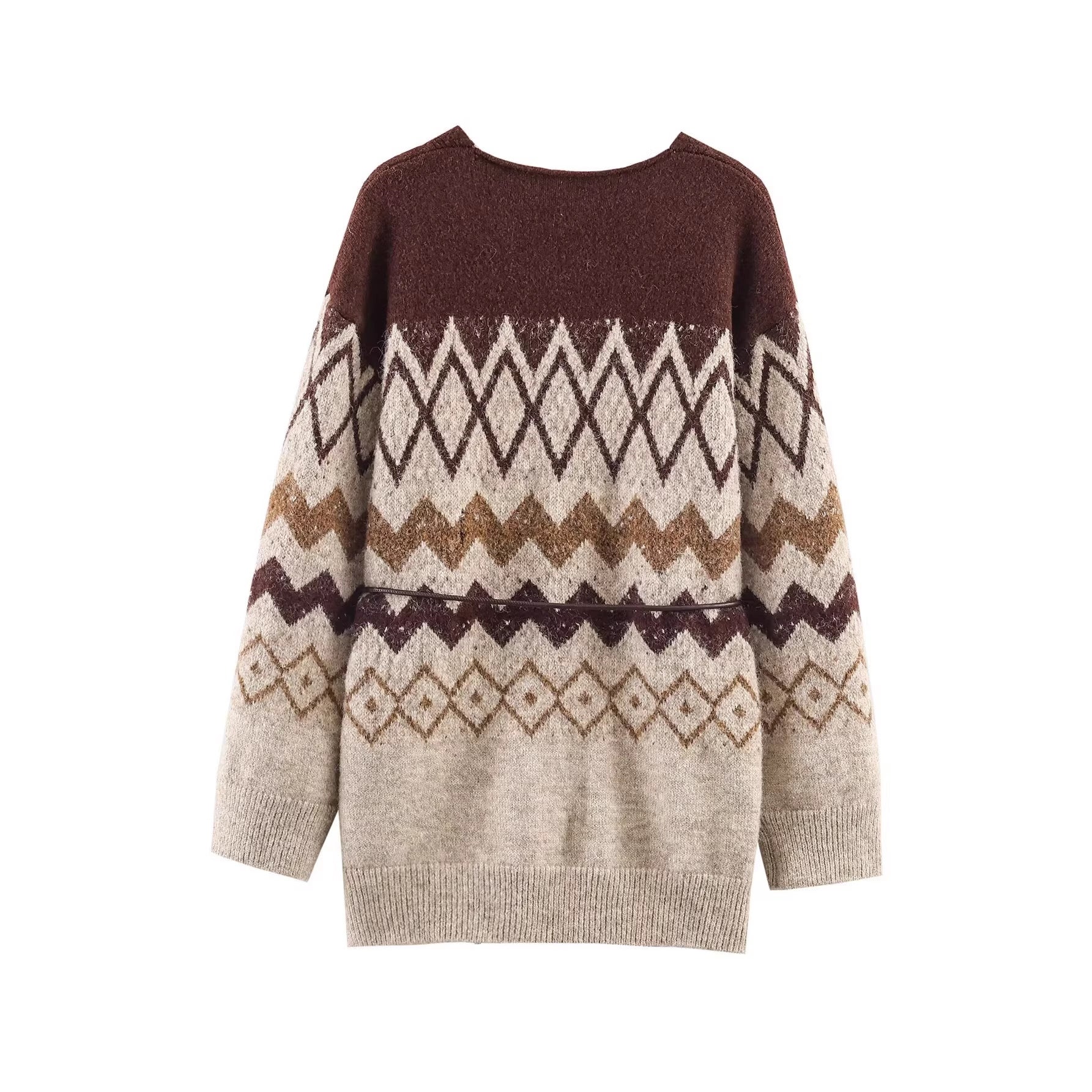 Women's Patterned Knit Cardigan with V-Neck, Button Placket and Waistband Chichicherry