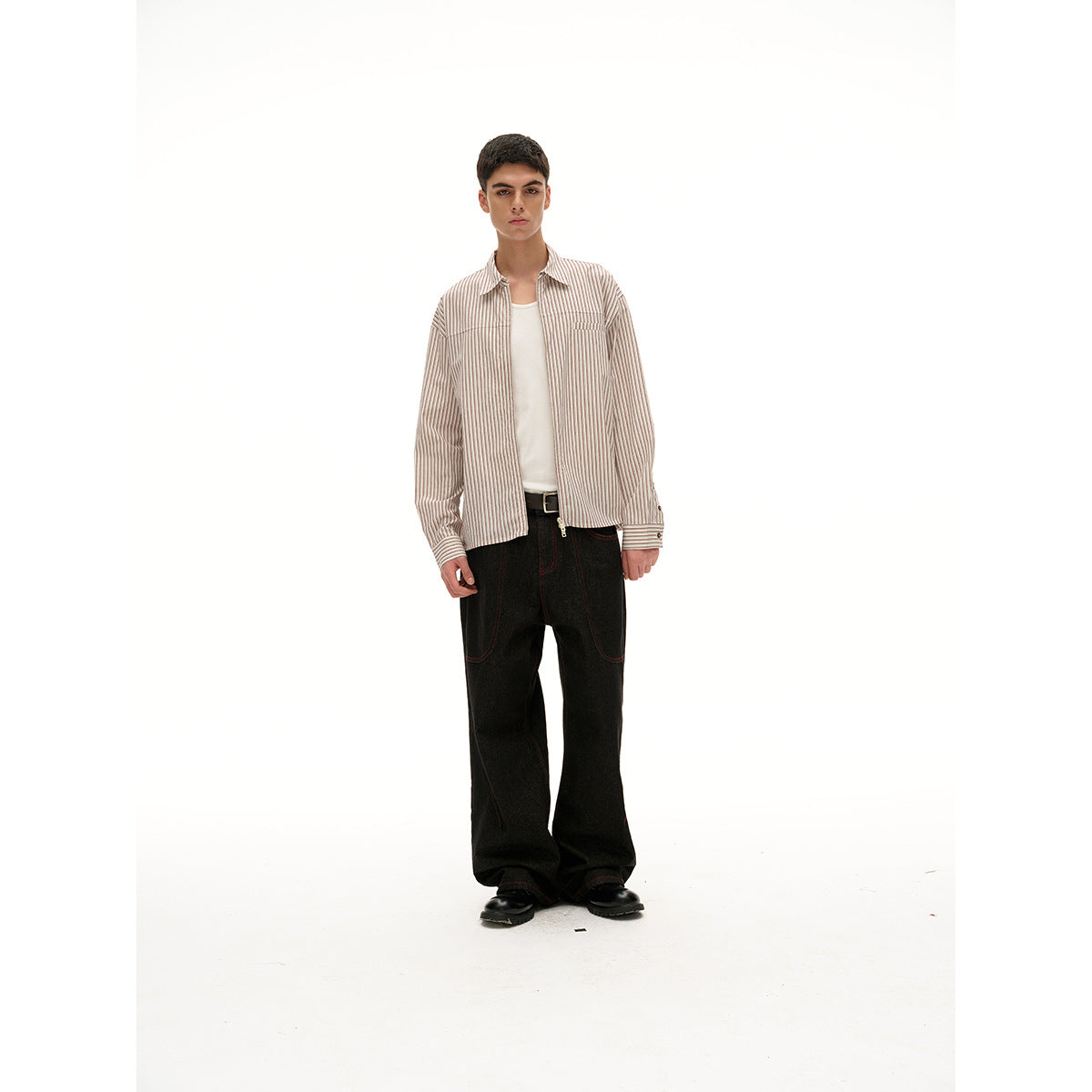 Unisex Lightweight Striped Shirt Jacket with Continuous Zipper and Chest Piped Pocket Chichicherry
