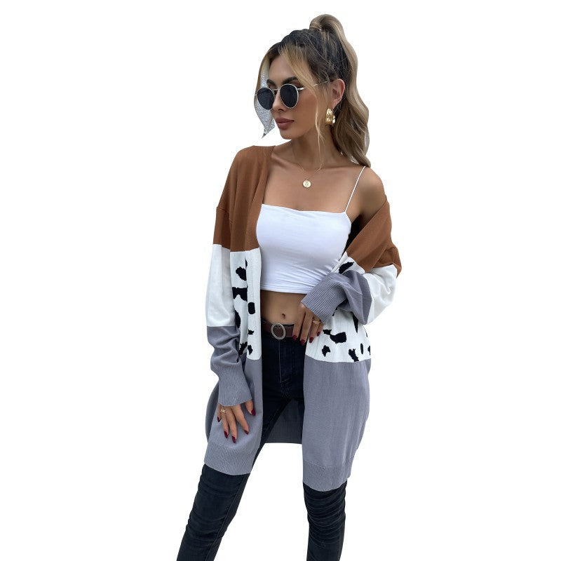 Women's Long Open Cardigan with Colorblock and Dalmatian Jacquard Pattern