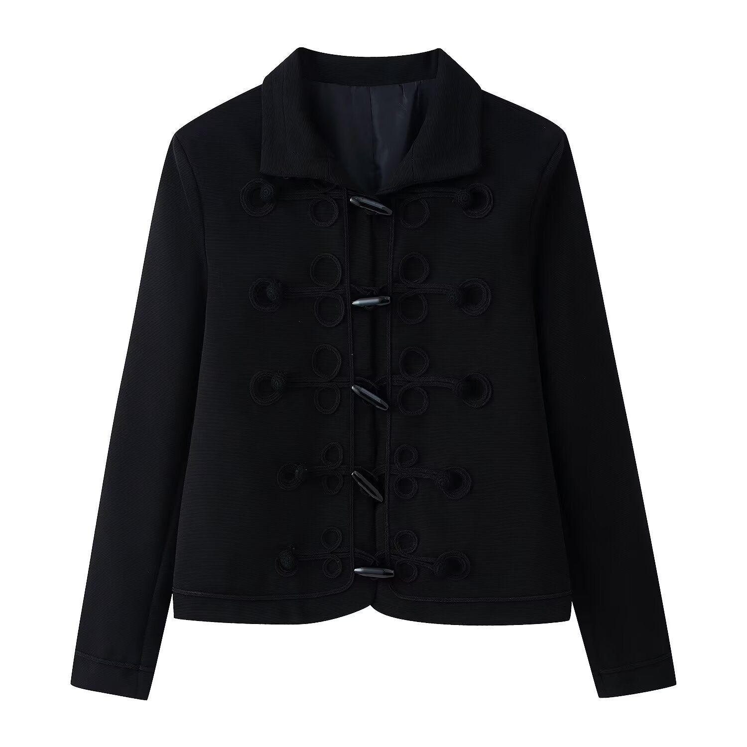 Women's short jacket in a military-inspired style with stand-up collar and decorative cords Chichicherry