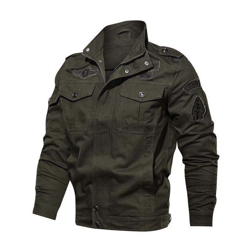 Men's Lightweight Canvas Utility Jacket in Military Look with Stand-up Collar, Epaulettes and Chest Flap Pockets Chichicherry