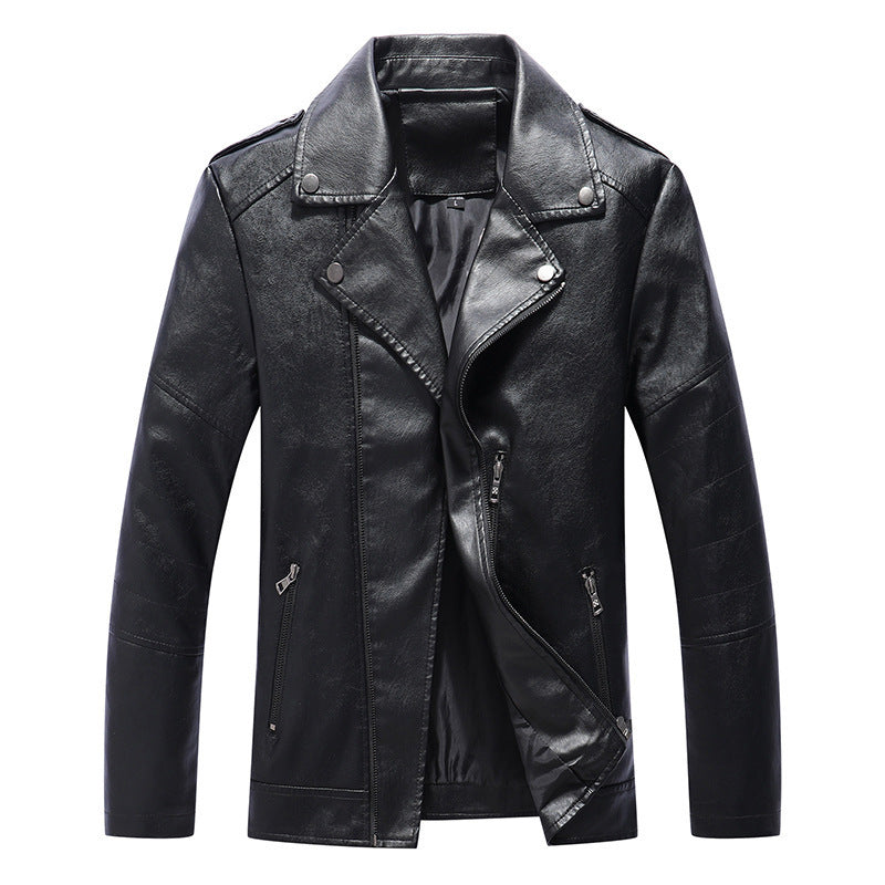 Men's Slim Fit Faux Leather Biker Jacket with Quilted Arm Panels and Lapel Collar Chichicherry