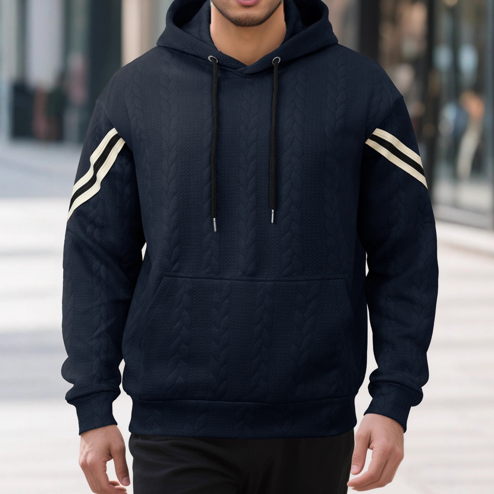 Men's Cable Knit Hoodie with Kangaroo Pocket and Contrast Stripes Chichicherry