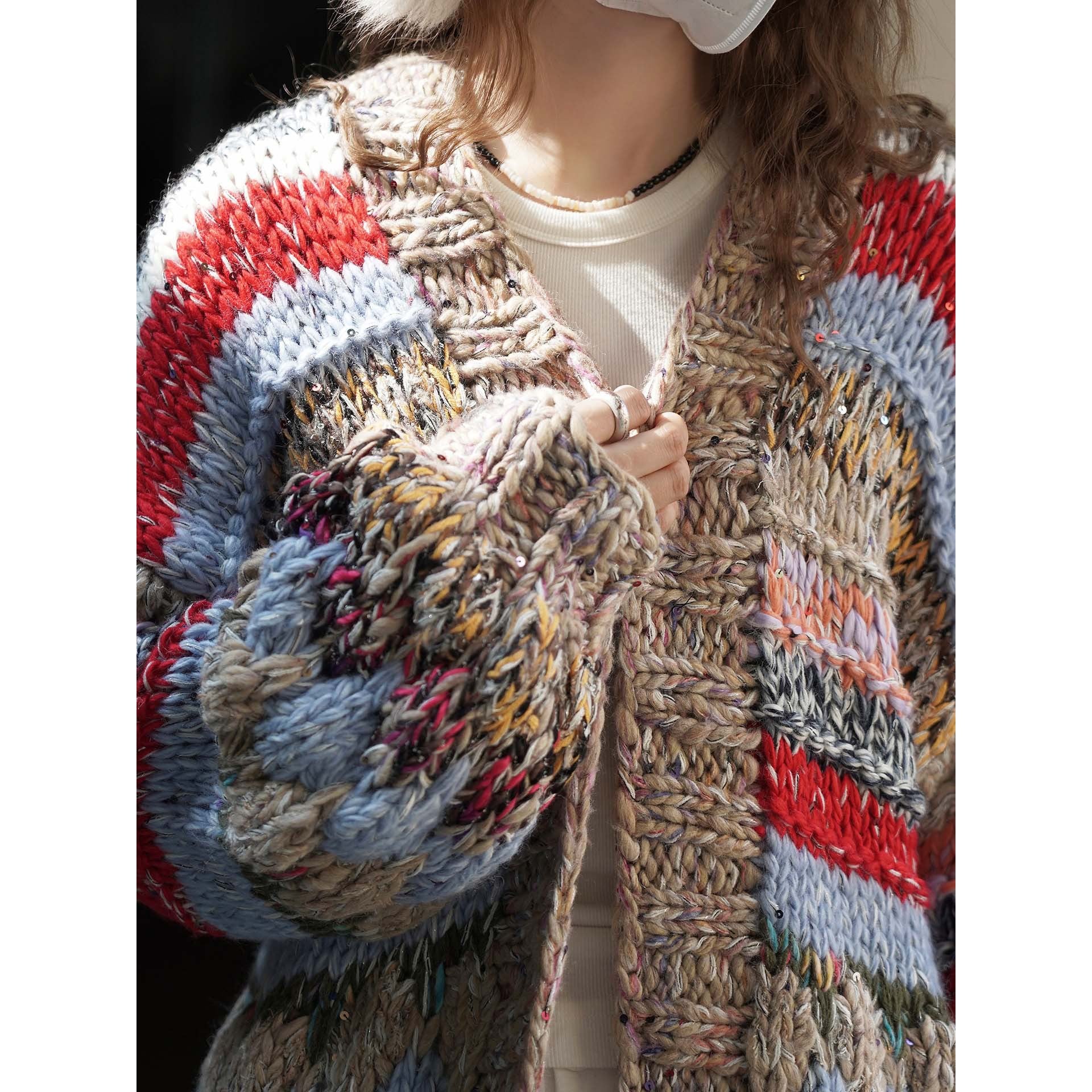 Women's chunky knit oversized cardigan with colorful block stripes and voluminous sleeves Chichicherry