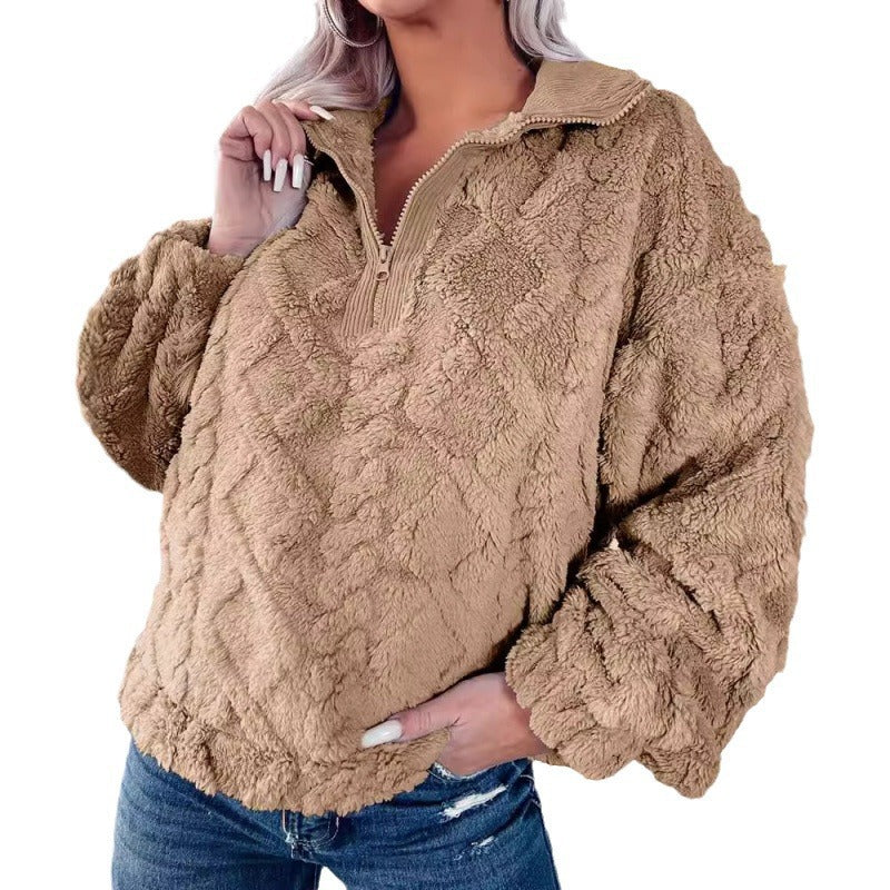 Ladies plush sweater in teddy look with half zipper and structured diamond pattern Chichicherry